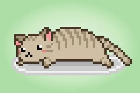 Pixel 8 bit lazy cat. Animals for game assets in vector illustration. Stock Illustration