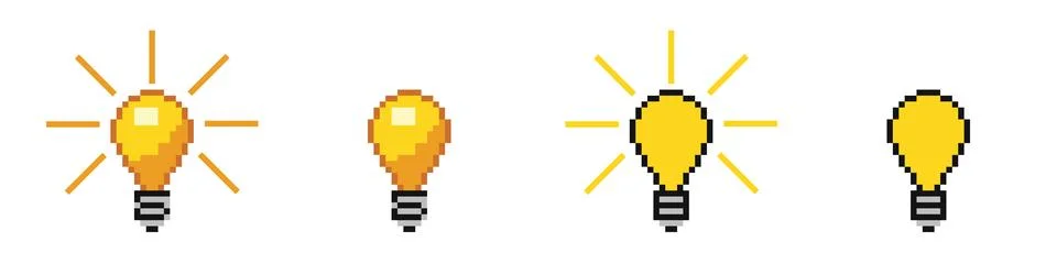 Pixel 8 bit light bulb vector. 8bit lamp idea 스톡 일러스트