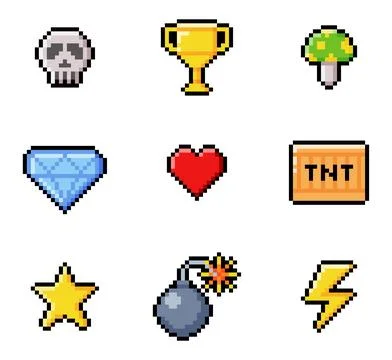 Pixel 8-bit Objects and Video Game Style Element Vector Set Stock Illustration