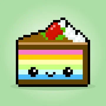Pixel 8 bit A piece of rainbow cake. Birthday cake in vector illustration Stock Illustration