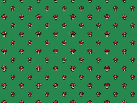 Pixel 8 bit red mushrooms with white dots on green background - high res seam Stock Illustration