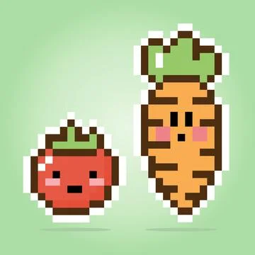 Pixel 8 bits of carrots and tomatoes. Vegetables for game assets in vector Stock Illustration