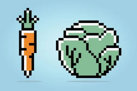 Pixel 8 bits of carrots and cabbage. Vegetables for game assets in vector Stock Illustration