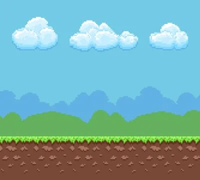 Pixel 8bit game vector background with ground and cloudy sky panorama Stock Illustration