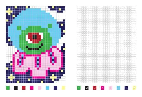 	Pixel alien in the coloring page with numbered squares Stock Illustration