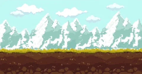 Pixel animation. Clouds, mountains for video game. Pixel art 8 bit Vídeo Stock 148195779