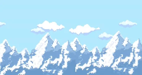 Pixel animation. Clouds, mountains for video game. Snow in the mountains. Vídeo Stock 235454781