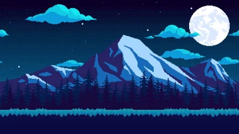Pixel animation of mountains with clouds and moon at night. Vídeo Stock 307424177