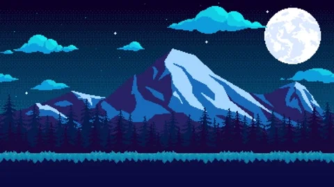 Pixel animation of mountains with clouds and moon at night. Pixel art animated Vídeo Stock 309511700