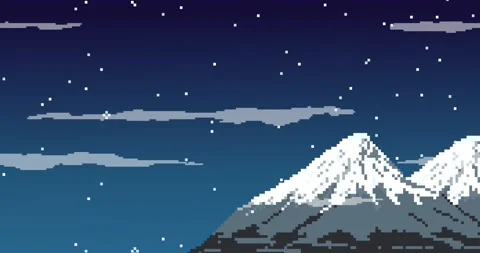 Pixel animation, Mountains with clouds at night. Pixel background video Vídeo Stock 226554524