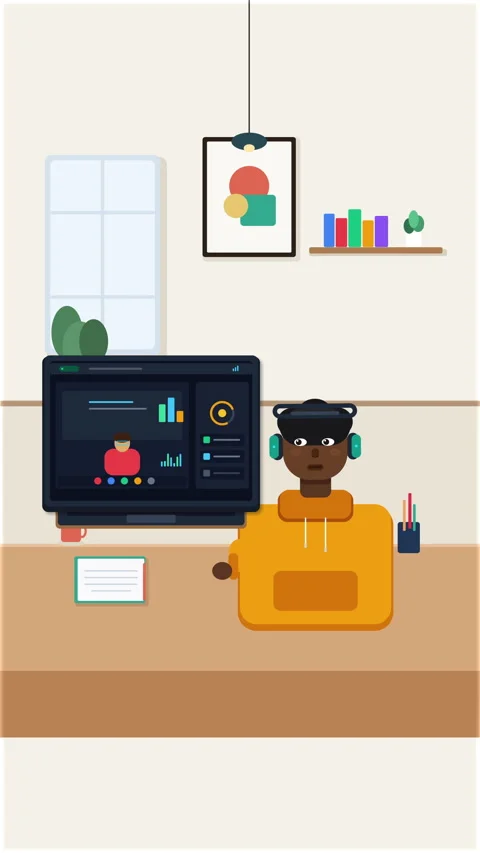 Pixel animation person working computer desk office flat loop footage Stock Footage 346539955