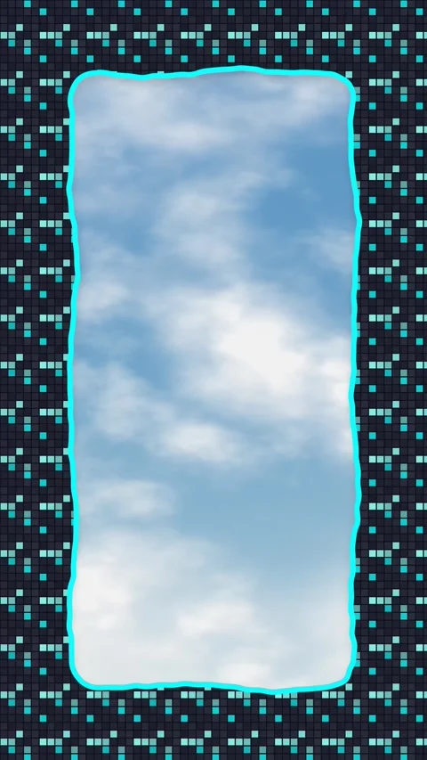 Pixel Arcade Cyan Border Frame Over Blue Sky Background Stock Footage 346114839