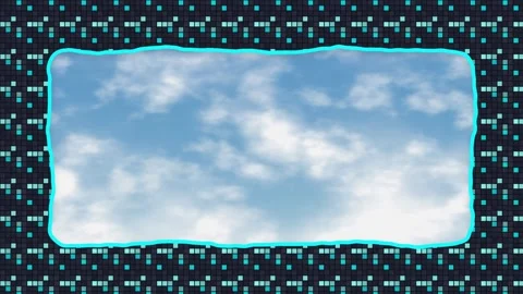 Pixel Arcade Cyan Frame Over Moving Sky Background Animation Stock Footage 347758563