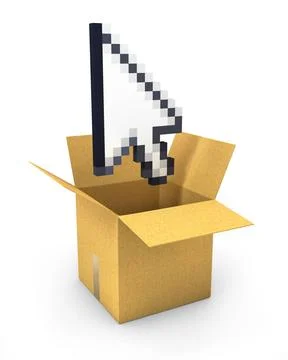 Pixel arrow cursor flies out of a carton box Pixel arrow cursor flies out ... Stock Photos