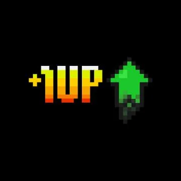 Pixel art 1 level up and green arrow icon on black background Stock Illustration