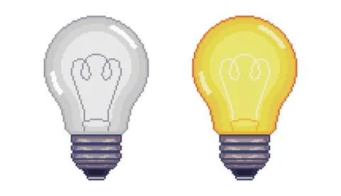 Pixel art 16-bit light bulbs set switch on, switch off icons. Vector design Stock Illustration