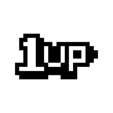 Pixel art 1UP extra life game icon isolated on white background. Illustrazione stock