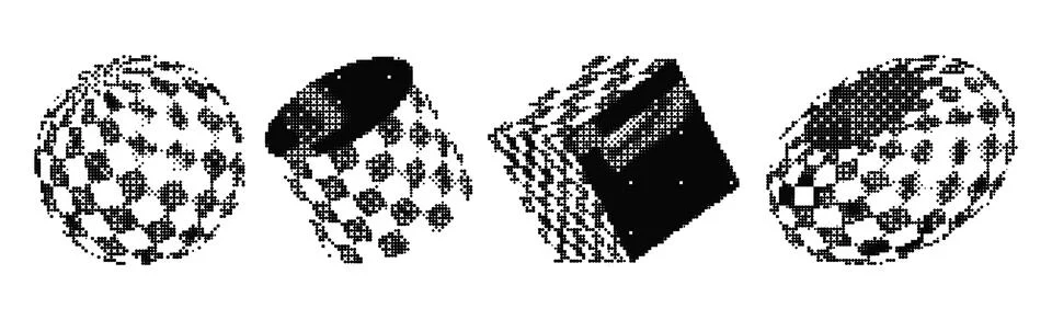 Pixel art 3D bitmap graphics with Y2K aesthetic. Stock Illustration