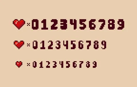 Pixel art 8-bit Arcade game elements of different size heart icons and numeric Stock Illustration