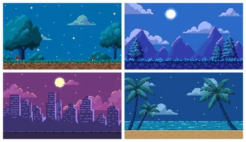 Pixel art 8 bit arcade video game background vector set, cityscape, palm beach Stock Illustration
