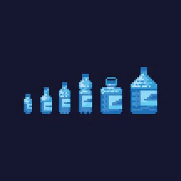 Pixel art 8 bit collection of recyclable plastic water bottles isolated vector Stock Illustration