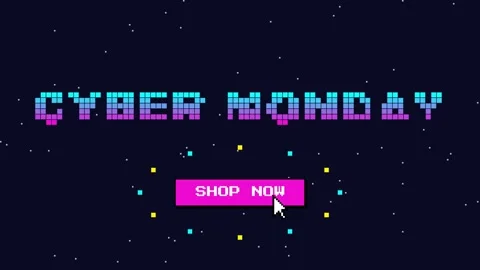 Pixel art 8 bit Cyber Monday text building up and a pixel cursor clicking shop Stock Footage 348330722