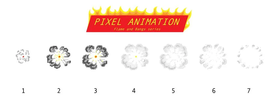 Pixel art 8 bit fire objects. Game icons set. Comic boom flame effects. Bang Illustrazione stock