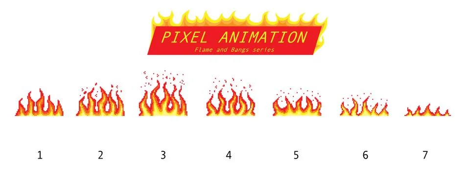 Pixel art 8 bit fire objects. Game icons set. Comic boom flame effects Stock Illustration