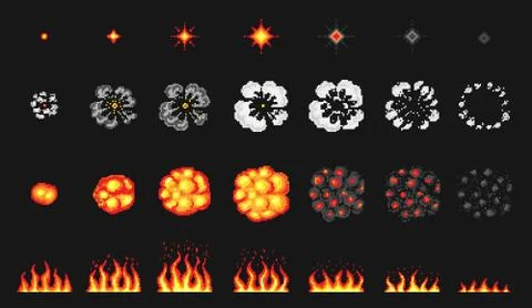 Pixel art 8 bit fire objects. Nuclear explosion. Game icons set. Comic boom Illustrazione stock