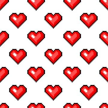 Pixel art 8 bit fire objects. Heart in vintage style. Seamless pattern. Game Stock Illustration