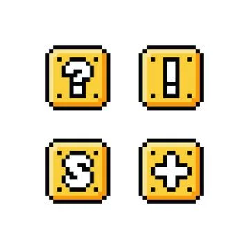 Pixel art 8 bit icon set - yellow golden box with question mark, exclamation Stock Illustration