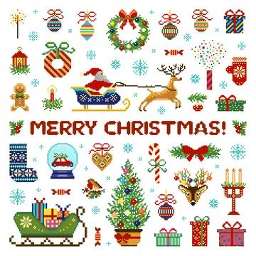 Pixel Art 8 Bit Merry Christmas Icons Set Stock Illustration