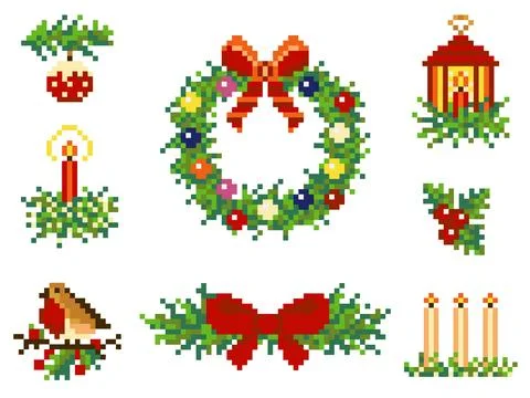 Pixel Art 8 Bit Merry Christmas Elements 스톡 일러스트