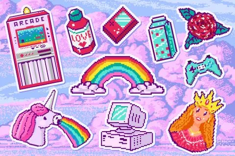 Pixel art 8 bit object for stickers. Retro digital game assets. Set of Pink Stock Illustration