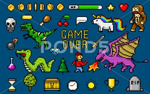 Pixel art 8 bit objects. Retro game assets. Set of icons. vintage computer video Stock Illustration