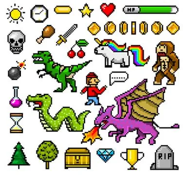 Pixel art 8 bit objects. Retro game assets. Set of icons. vintage computer video Illustrazione stock