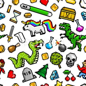 Pixel art 8 bit objects Seamless pattern. Retro game assets. Set of icons Stock Illustration
