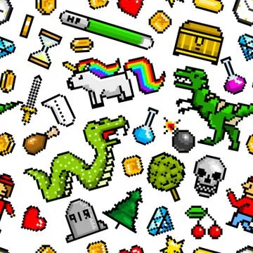 Pixel art 8 bit objects Seamless pattern. Retro game assets. Set of icons Stock Illustration