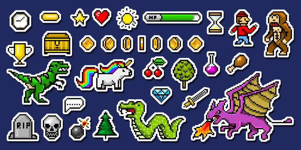 Pixel art 8 bit objects. Retro game assets. Set of icons. vintage computer video Illustrazione stock