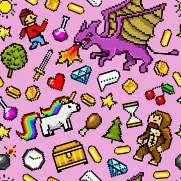 Pixel art 8 bit objects Seamless pattern. Retro game assets. Set of icons Stock Illustration