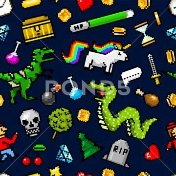 Pixel art 8 bit objects Seamless pattern. Retro game assets. Set of icons Stock Illustration