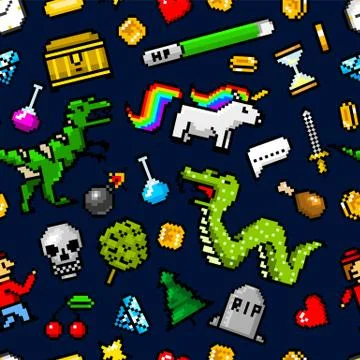 Pixel art 8 bit objects Seamless pattern. Retro game assets. Set of icons Illustrazione stock