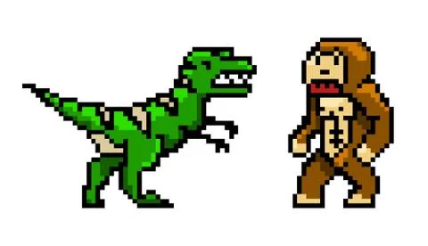 Pixel art 8 bit objects. Characters dinosaur and monkey. Retro game assets. Set Illustrazione stock