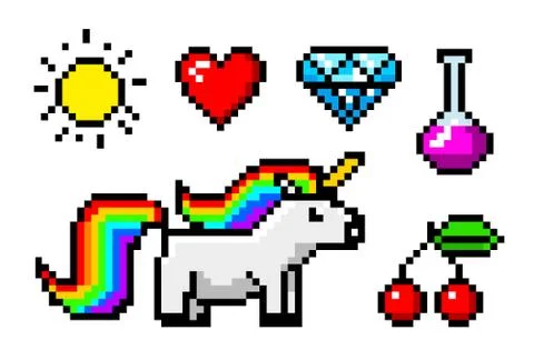 Pixel art 8 bit objects. Character unicorn and trophy. Retro game assets. Set of Stock Illustration