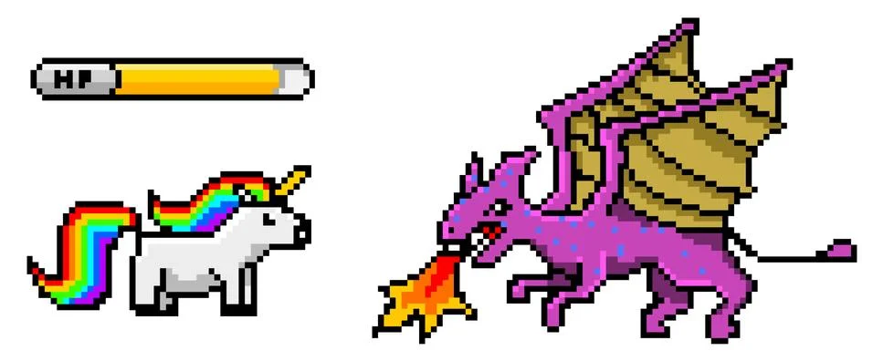 Pixel art 8 bit objects. Dinosaur pony rainbow unicorn and dragon. Retro game Illustrazione stock