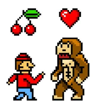 Pixel art 8 bit objects. Character Monkey Cherry and Heart. Retro game assets Stock Illustration