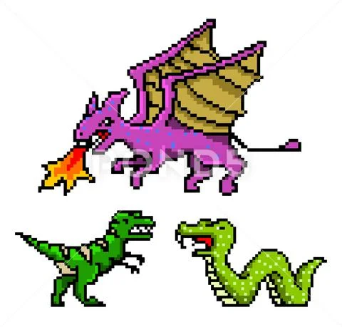Pixel art 8 bit objects. Dinosaur Snake Dragon. Retro game assets. Set of icons Stock Illustration