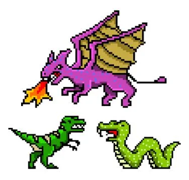 Pixel art 8 bit objects. Dinosaur Snake Dragon. Retro game assets. Set of icons Illustrazione stock