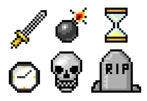 Pixel art 8 bit objects. Skull and bomb, grave and clock. Retro game assets. Set Illustrazione stock