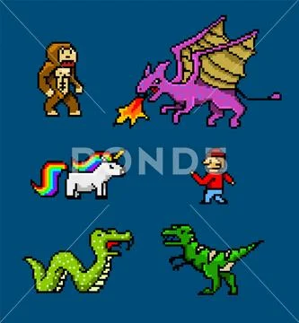 Pixel art 8 bit objects. Retro game assets. Set of icons. vintage computer video Stock Illustration